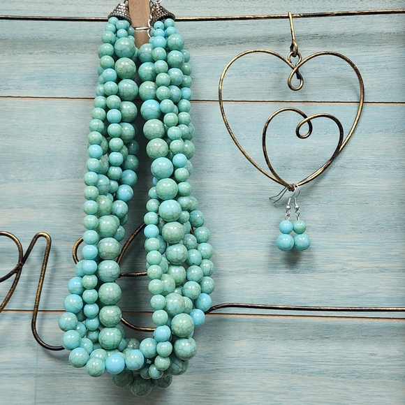 Jewelry - Vintage Chunky Faux Turquoise Beaded Statement Necklace and Pierced Earring Set